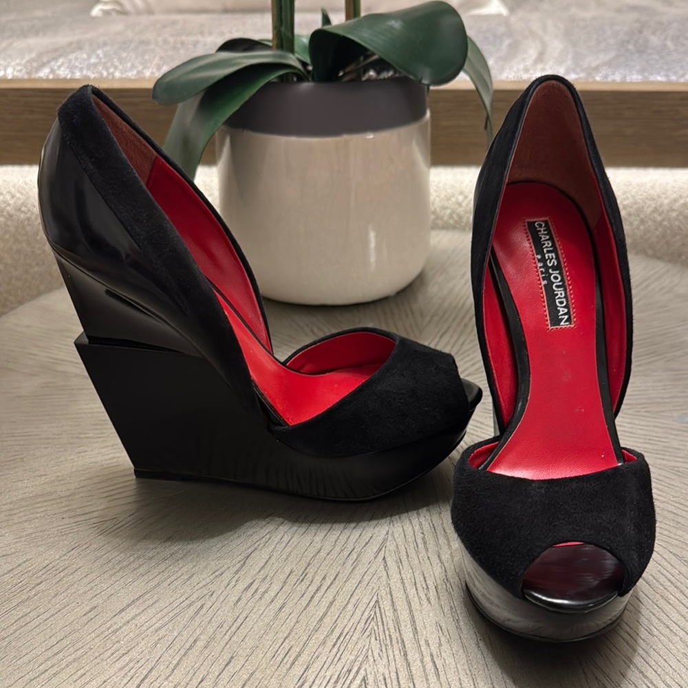 Charles Jourdan Black and Red Peep-Toe Wedges